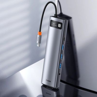 15. Baseus Metal Gleam 11in1 multifunctional USB Type C HUB - 3x USB 3.2 Gen 1 5Gbps / USB Type C PD 100W / 3.5 mm mini jack AUX / VGA Full HD 60Hz / 2x HDMI 4K 30Hz / TF and SD card reader / RJ45 1Gbps gray (CAHUB-CT0G)