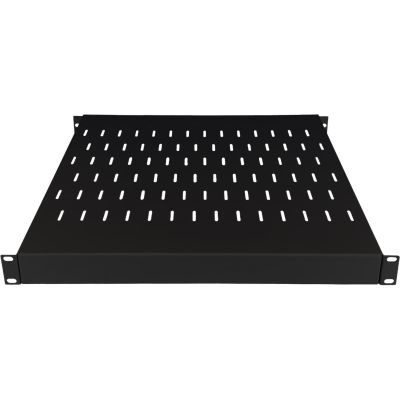 Adjustable 19" 1U shelf, depth 500–900 mm, black, 4-point mounting ALANTEC