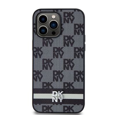 3. DKNY Leather Checkered Mono Pattern & Printed Stripes Case for iPhone 14 Pro Max - Black