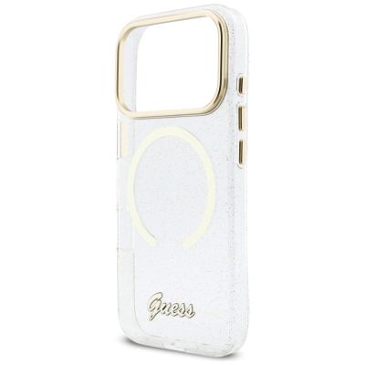 6. Guess IML Glitters Script Strap MagSafe Case for iPhone 17 Pro - Clear