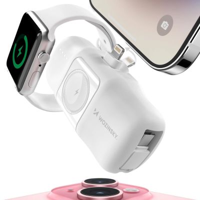 6. Wozinsky WF16-YLS 5000mAh 15W Lightning Mini Power Bank with Built-in USB-C Cable and Apple Watch Charger - White