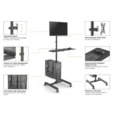 11. Features - Flat Panel Cart / Computer Case - Plastic, Stainless Steel - Screen Size: 43.2-81.3 cm (17"-32") - Freestanding