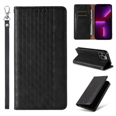 3. Magnet Strap Case for iPhone 14 Pro Flip Wallet Mini Lanyard Stand Black