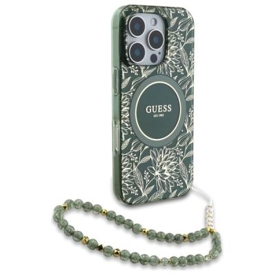 3. Guess IML Flowers Allover Electro With Pearl Strap MagSafe case for iPhone 16 Pro Max - green