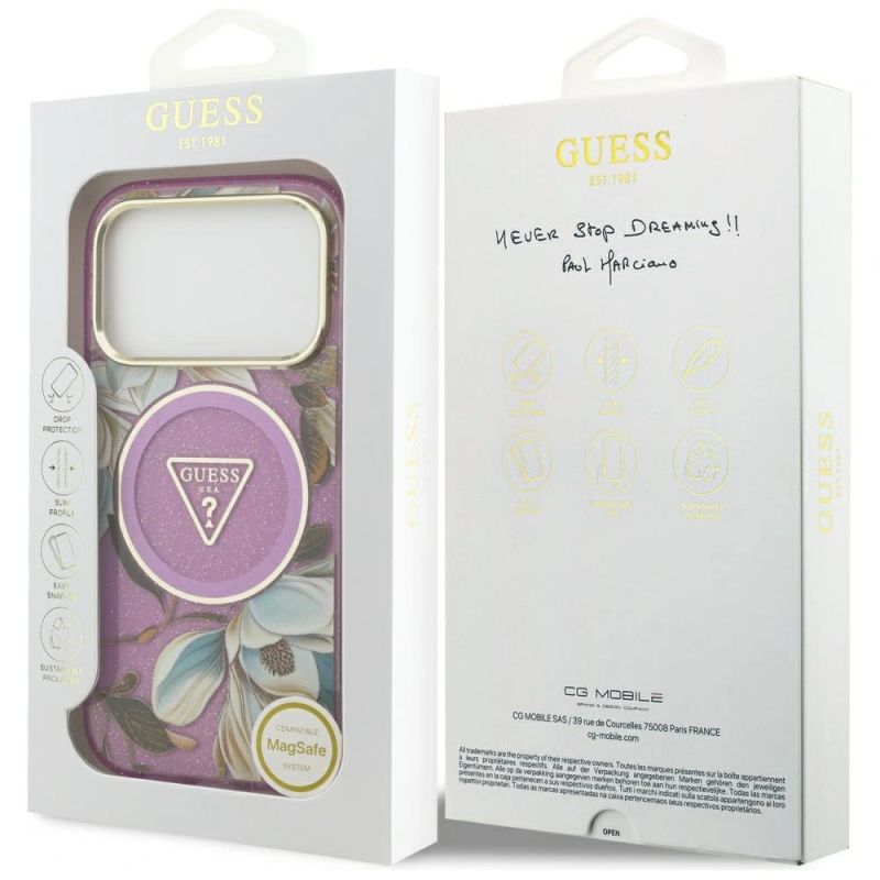 8. Guess IML Glitter Flowers Triangle MagSafe Case for iPhone 17 Pro / 18 Pro - Purple