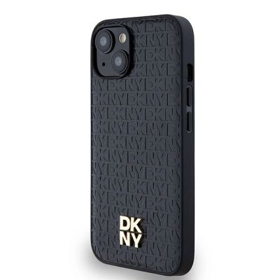2. DKNY Leather Monogram Pattern Metal Logo MagSafe Case for iPhone 15/14/13 - Black