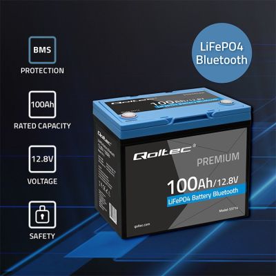 2. Qoltec LiFePO4 53714 Lithium Iron Phosphate Battery | 12.8V | 100Ah | 1280Wh | Bluetooth | BMS