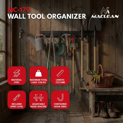 MACLEAN WALL-MOUNTED STEEL TOOL ORGANIZER, MAX LOAD 228KG, WIDTH 1222MM MC-179