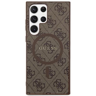 3. Guess 4G Collection Leather Metal Logo MagSafe Case for Samsung Galaxy S24 Ultra - Brown