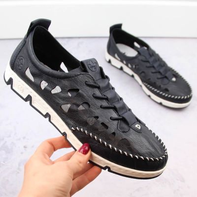 26. Rieker W RKR652 navy blue openwork leather shoes
