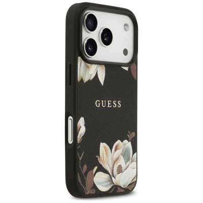 4. Guess Grained Flowers Classic Logo MagSafe case for iPhone 17 Pro - black
