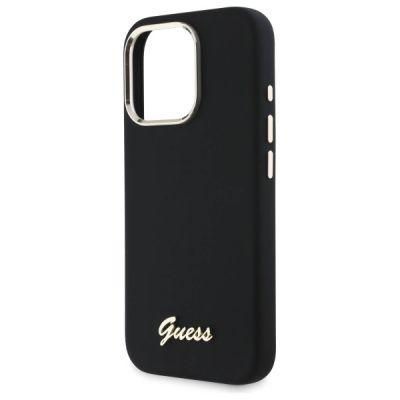 6. Guess Silicone Script Metal Logo & Frame Case for iPhone 16 Pro Max - Black
