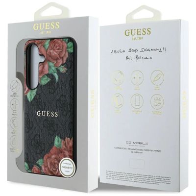 8. Guess Leather 4G Flowers Print Metal Classic Logo MagSafe Case for Samsung Galaxy S25 - Black