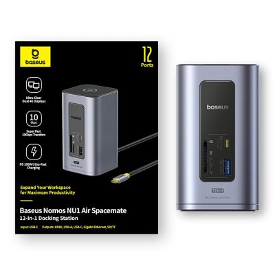 9. Baseus NU1 Air Spacemate hub 12in1 USB-C docking station - 2xHDMI 4K@60Hz 2xUSB-C 10Gb/s 2xUSB-A 5Gb/s 2xUSB-A (480Mb/s) RJ45 SD/microSD 3.0 USB-C (PD) - gray