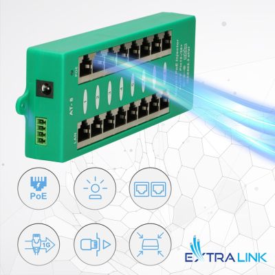 23. Extralink Gigabit PoE Injector 8 Port Active, 8 Gigabit 802.3at/af ports, Mode A