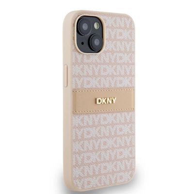 4. DKNY Leather Mono Stripe & Metal Logo case for iPhone 15 / 14 / 13 - pink