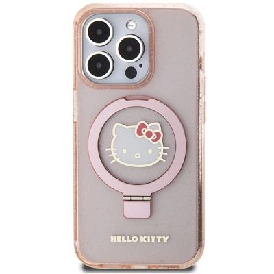 3. Hello Kitty Ring Stand Glitter Electrop Logo MagSafe Case for iPhone 15 Pro - Pink