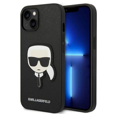 Karl Lagerfeld Saffiano Karl`s Head Patch Case for iPhone 13 / 14 / 15 - Black