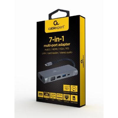 3. GEMBIRD USB TYPE-C 7-IN-1 MULTI-ADAPTER (USB 3.0 HUB + HDMI + VGA + PD + CARD READER + STEREO AUDIO), GREY