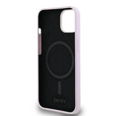 7. DKNY Liquid Silicone Small Metal Logo MagSafe Case for iPhone 14/15/13 - Pink