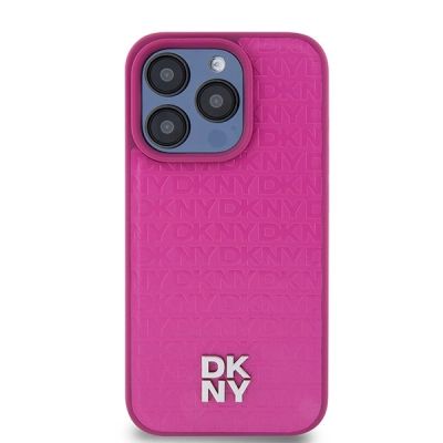 3. DKNY Leather Monogram Pattern Metal Logo MagSafe Case for iPhone 15 Pro - Pink
