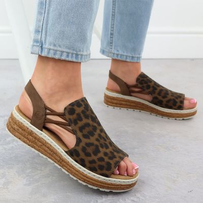 14. Women's beige leopard print platform sandals Rieker 62741-90