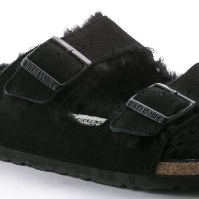 2. Birkenstock Arizona VL Shearling Black Suede Leather Regular Wide Women's Insulated Flip-Flops with Lambswool (0752661)
