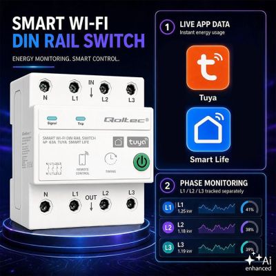 8. Qoltec Three-phase relay 63A for DIN rail | 3P+N | Timer | Wi-Fi | Tuya | Smart Life | Amazon Alexa | 4P