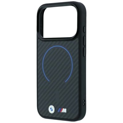 7. BMW M Kevlar Blue Print Ring Metal Logo MagSafe Case for iPhone 18 Pro Max / 17 Pro Max - Black