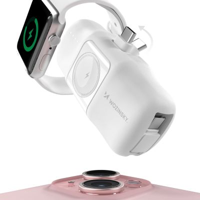 5. Wozinsky WF16-YCS 5000mAh 15W USB-C Mini Power Bank with Built-in USB-C Cable and Apple Watch Charger - White