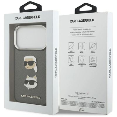 8. Karl Lagerfeld FW Grained Karl & Choupette Heads Pins & Logo iPhone 17 Pro Case - Gray
