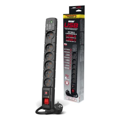 10. Acar S6 USB A+C surge protector (fast charger) 1.5m; black