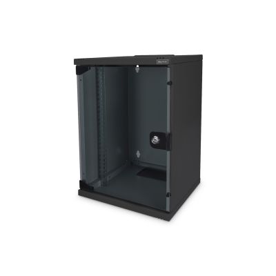 45. 10-inch network kit: 9U wall-mount cabinet, shelf, power strip, 8-port switch, Cat.6 panel, black