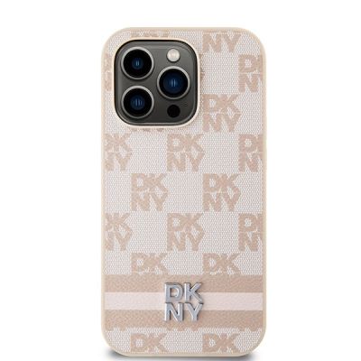 3. DKNY Leather Checkered Mono Pattern & Printed Stripes case for iPhone 14 Pro - pink