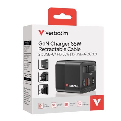 10. Verbatim Gan 65W charger 2xUSB-C PD, 1xUSB-A, retrac. Cable 32217