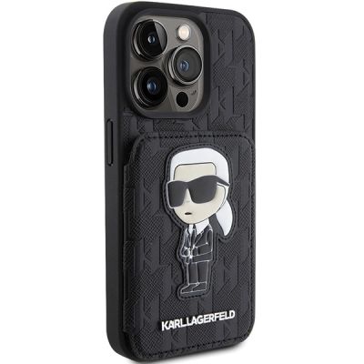 4. Karl Lagerfeld Saffiano Cardslots and Stand Monogram Ikonik Patch case for iPhone 15 Pro - black