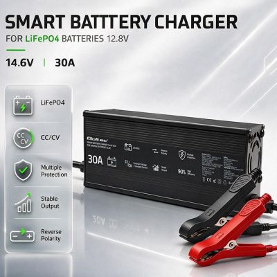 2. Qoltec Specialized charger for LiFePO4 battery 12V | 30A | PF 0.9 | LED | Smart charging