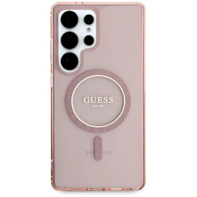 3. Guess Glitter Circle Classic Logo MagSafe Case for Samsung Galaxy S25 Ultra Pink