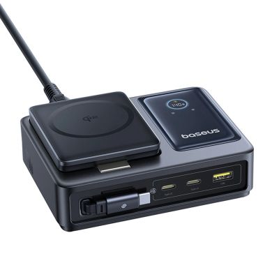 4. Baseus NOMOS 140W Qi2 5-in-1 Wireless Charging Station with Retractable USB-C Cable and Digital Display - Black