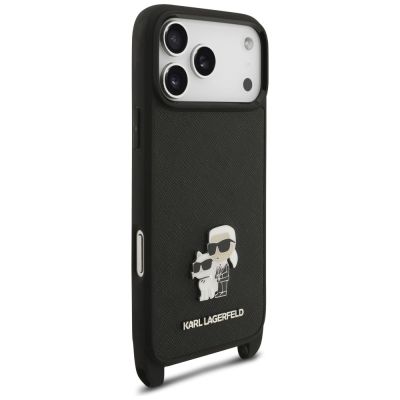 5. Karl Lagerfeld Saffiano Karl&Choupette Metal Pin CBDY Strap Case for iPhone 18 Pro / 17 Pro - Black