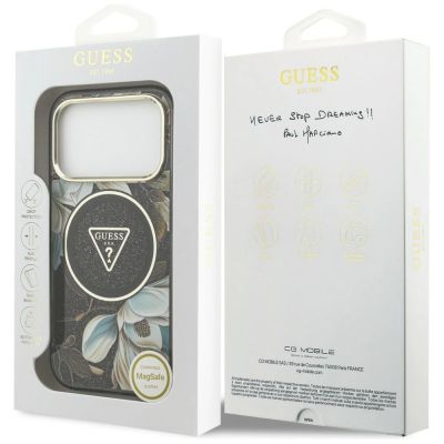 8. Guess IML Glitter Flowers Triangle MagSafe Case for iPhone 18 Pro Max / 17 Pro Max – Black