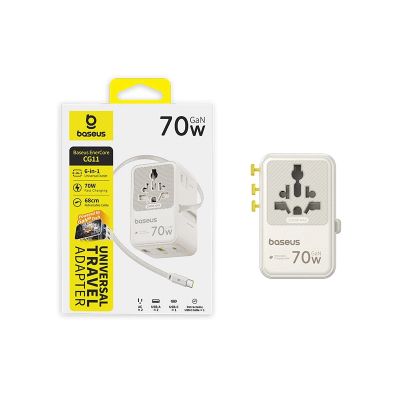 5. Baseus EnerCore CG11 70W 6-in-1 Travel Adapter with Retractable USB-C Cable - White