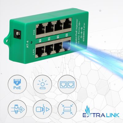 13. Extralink Gigabit PoE Injector 4 Port Active, 4 Gigabit 802.3at/af ports, Mode A