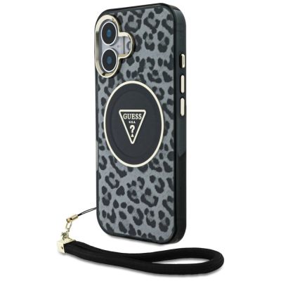 Guess HC IML Leopard Triangle Cord Strap MagSafe case for iPhone 16 - black