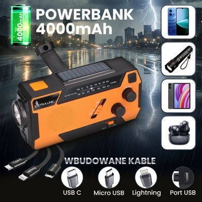 39. Extralink Solar Emergency Radio with Crank Dynamo Powerbank 4000mAh with SOS Flashlight SR-4000 Portable Analog Black, Orange