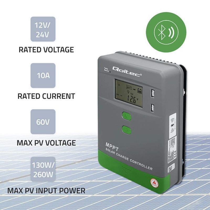 3. Qoltec MPPT Solar Charge Controller with Temperature Sensor 10A | 12V / 24V | LCD | 2 x USB | Bluetooth | APP | GEL | LiFePO4