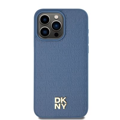 3. DKNY Leather Monogram Pattern Metal Logo MagSafe Case for iPhone 15 Pro Max - Blue