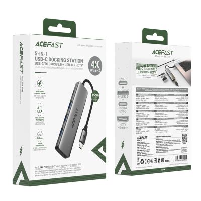 5. Acefast J16 USB Hub USB-C 5-in-1 HDMI 4K 60Hz PD90W Docking Station - Gray