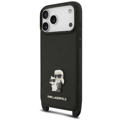 3. Karl Lagerfeld Saffiano Karl&Choupette Metal Pin CBDY Strap Case for iPhone 18 Pro / 17 Pro - Black