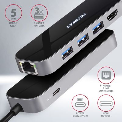 4. Axagon HMC-6GL USB 3.2 Gen 1 (3.1 Gen 1) Type-C Docking Station Black, Gray